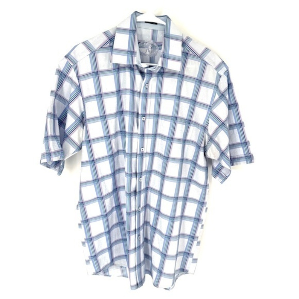 Bugatchi quite luxury Blue and White Plaid collared, short sleeve button-down